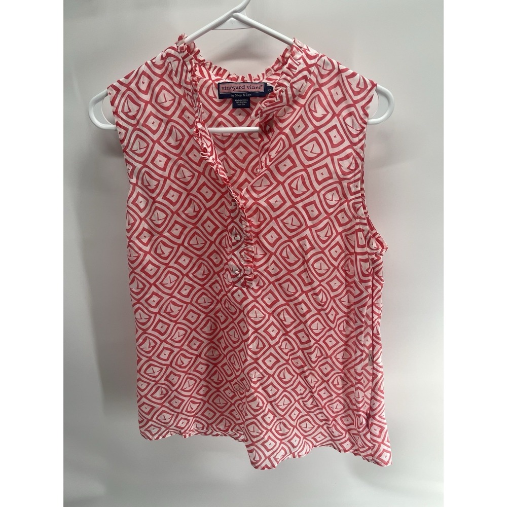 Women's Vineyard Vines red and white boat pattern sleeveless top Size 8‎ Silk